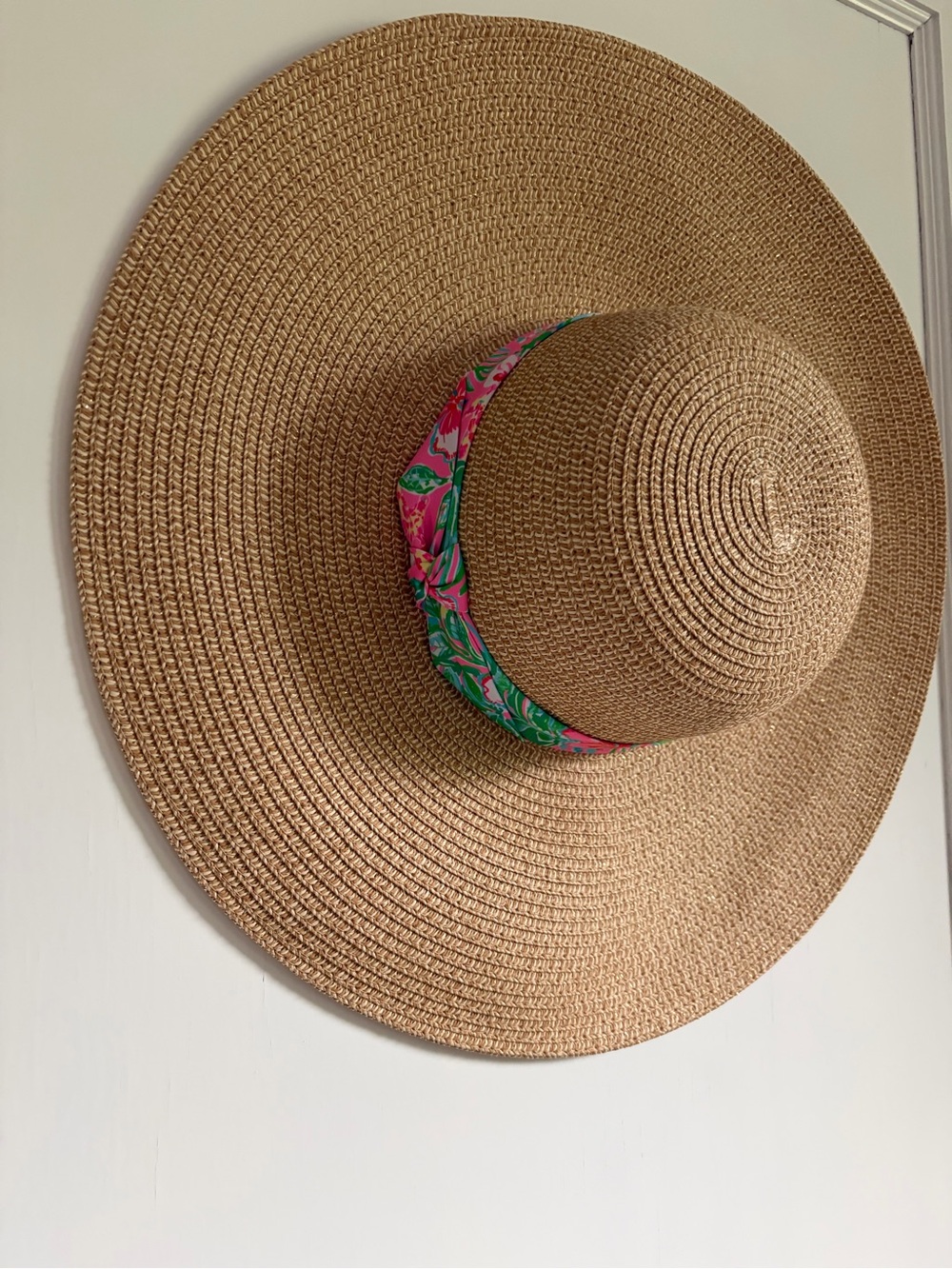 Lilly Pulitzer Straw Sun Hat with Pink & Green Floral Band & Gold Sparkle